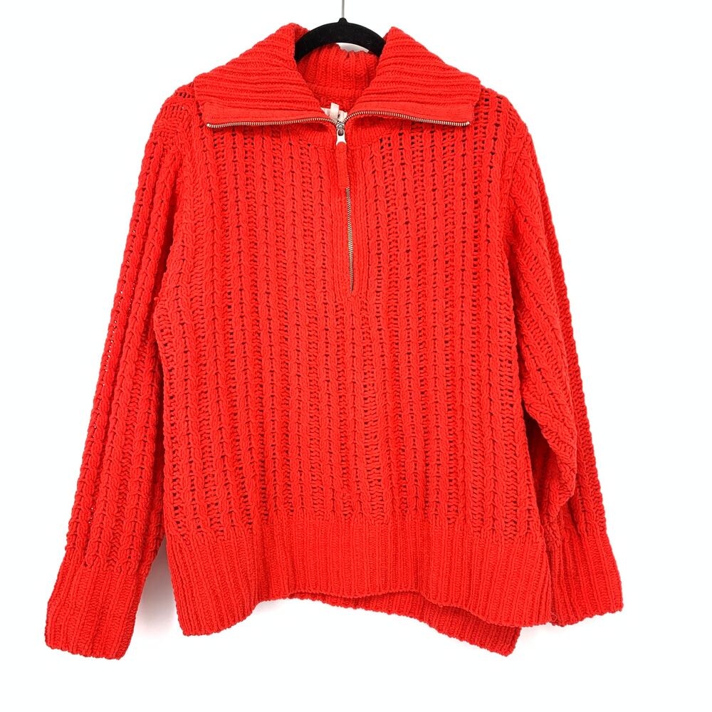Aerie Pullover Chunky Open Knit 1/4 Zip Sweater Womens Size XS Red Oversized